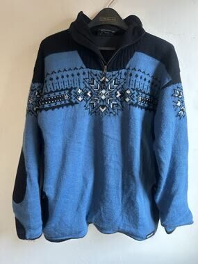 Icewear Nordic Fair Isle Sweater Mens L Blue Black Wool Quarter Zip Apres Ski